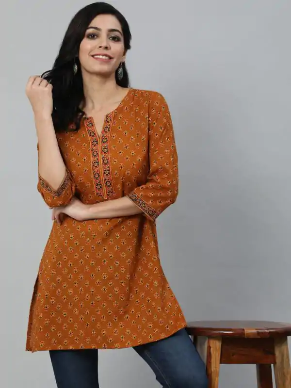 Rust Cotton Printed Kurti