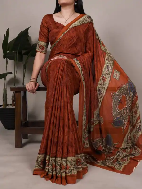 Rust Crepe With Printed Saree