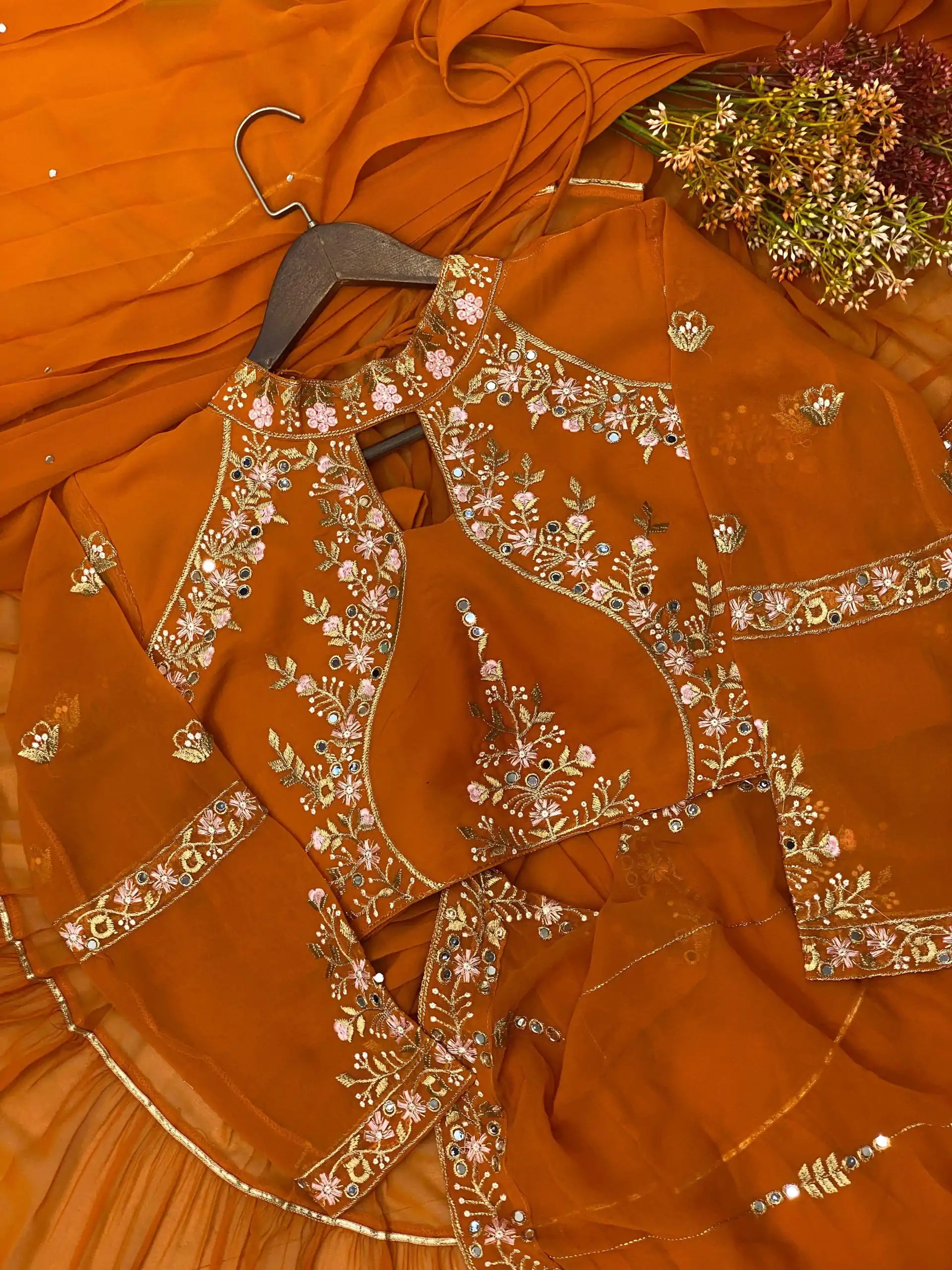 BE 280 Rust Georgette Lehenga Saree Perfect for Wedding, Party, Cultural Events, Housewarming, Ganesh Chaturthi . Affordable Price ₹2399. Delivery 4- | Lehenga, Bollywood Lehenga, Creative Lehenga, Designer Lehenga, Embroidered Lehenga, Party Wear Lehenga