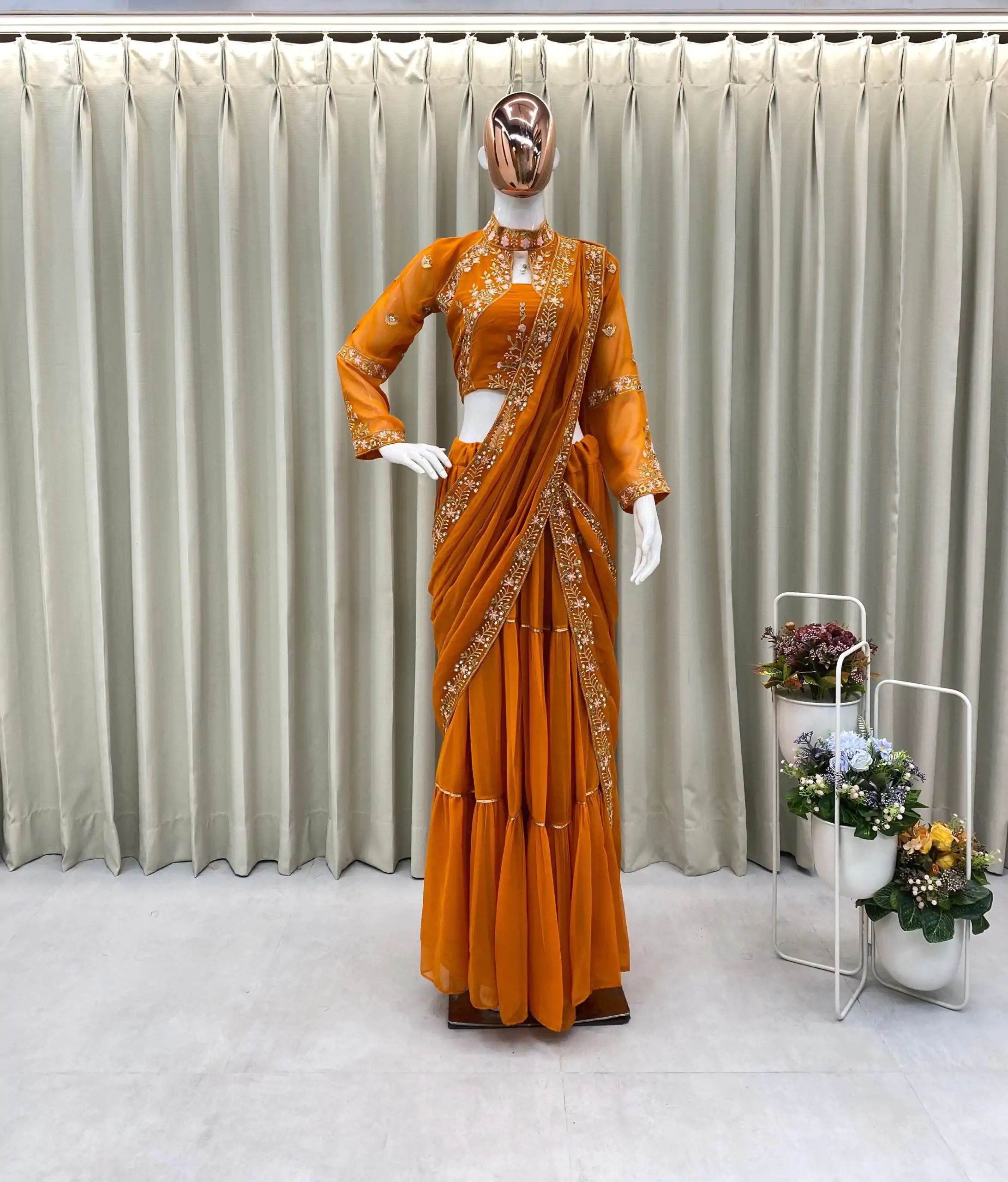 BE 280 Rust Georgette Lehenga Saree Perfect for Wedding, Party, Cultural Events, Housewarming, Ganesh Chaturthi . Affordable Price ₹2399. Delivery 4- | Lehenga, Bollywood Lehenga, Creative Lehenga, Designer Lehenga, Embroidered Lehenga, Party Wear Lehenga