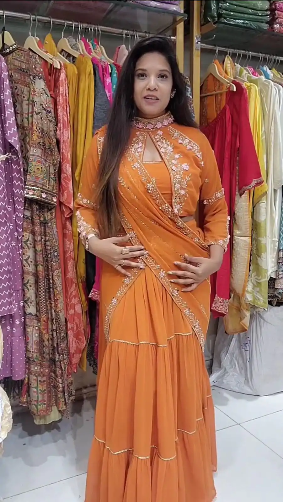 BE 280 Rust Georgette Lehenga Saree Perfect for Wedding, Party, Cultural Events, Housewarming, Ganesh Chaturthi . Affordable Price ₹2399. Delivery 4- | Lehenga, Bollywood Lehenga, Creative Lehenga, Designer Lehenga, Embroidered Lehenga, Party Wear Lehenga