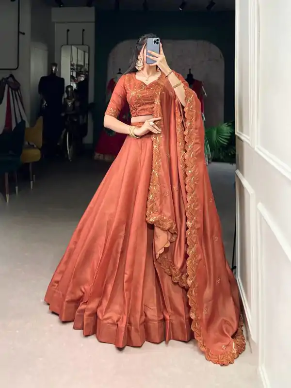 Rust Korean Tussar With Embroidery Lehenga Choli