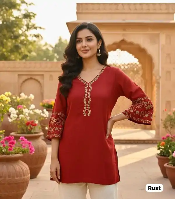 INLI Adaa 5.0 Rust Rayon with Embroidery Work Kurti .Wedding, Party, Festive, Events, Best Price ₹1349. Delivery 4-6 Working Days. Shop now. | Kurti, Bollywood Kurti, Creative Kurtis, Designer Kurti, Party Wear Kurti, Selfie Kurti