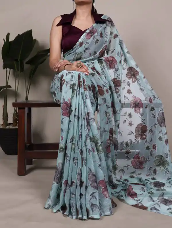 Sea Green Lurex Brasso Floral Saree