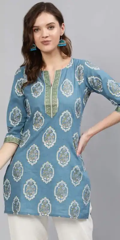 Sky Blue Cotton Printed Kurti