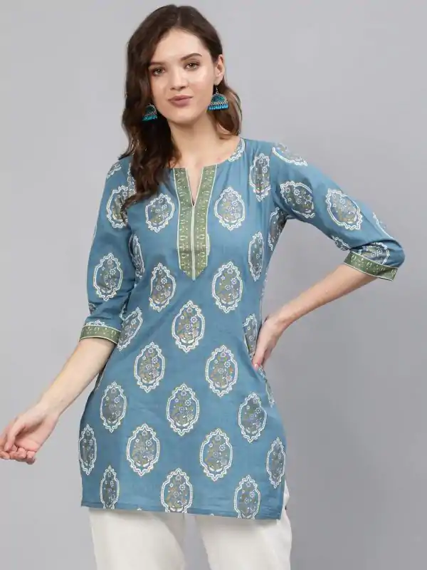 Sky Blue Cotton Printed Kurti