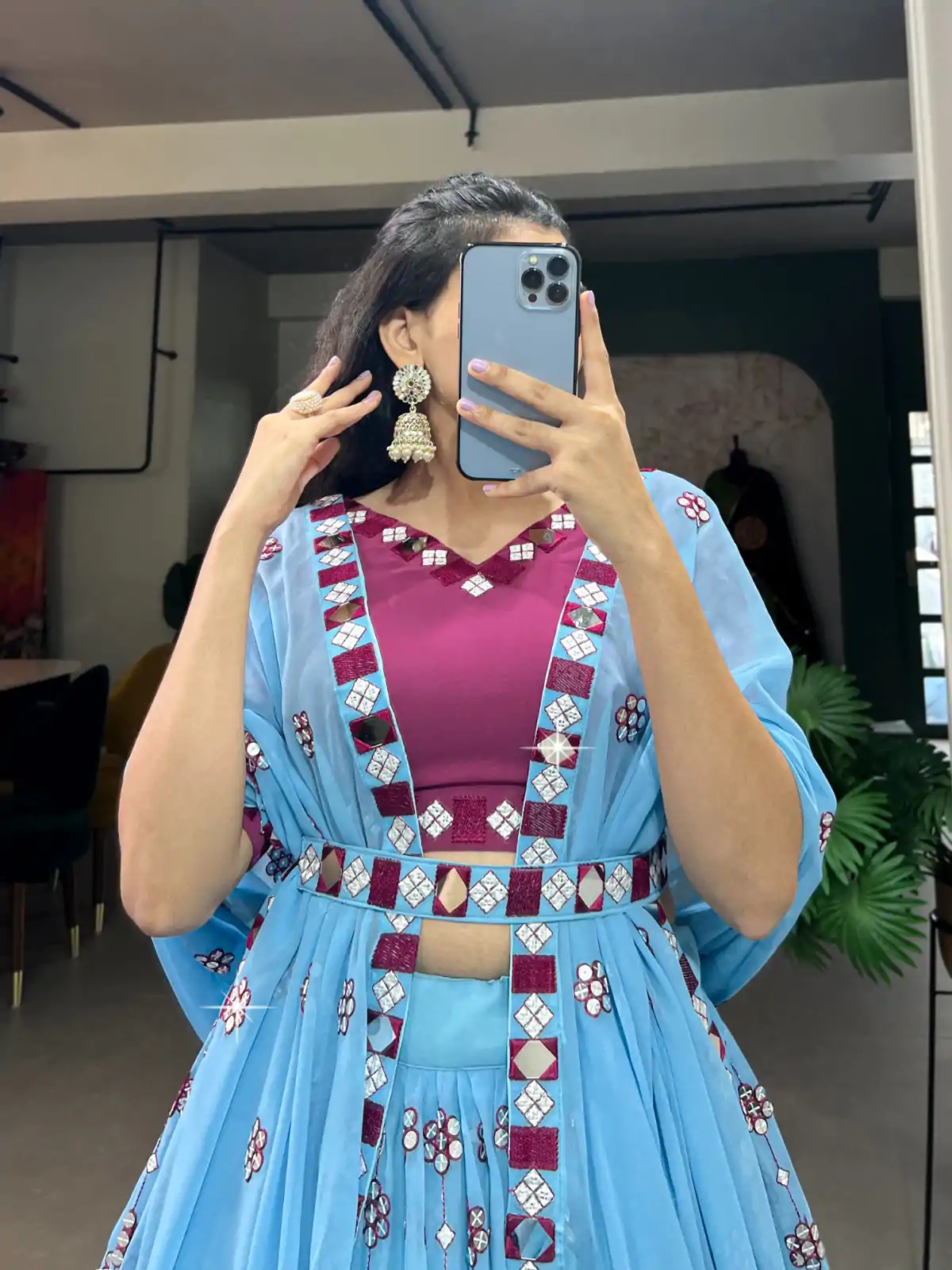 Sky Blue Georgette Mirror Work Lehenga Choli - Image 5