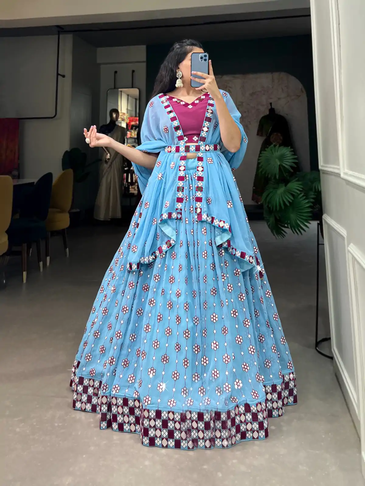 Sky Blue Georgette Mirror Work Lehenga Choli - Image 2