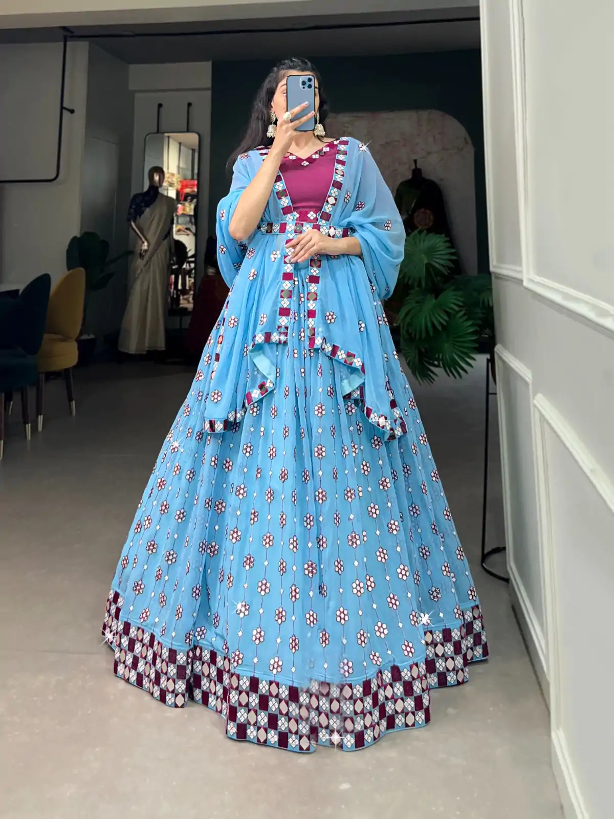 Sky Blue Georgette Mirror Work Lehenga Choli