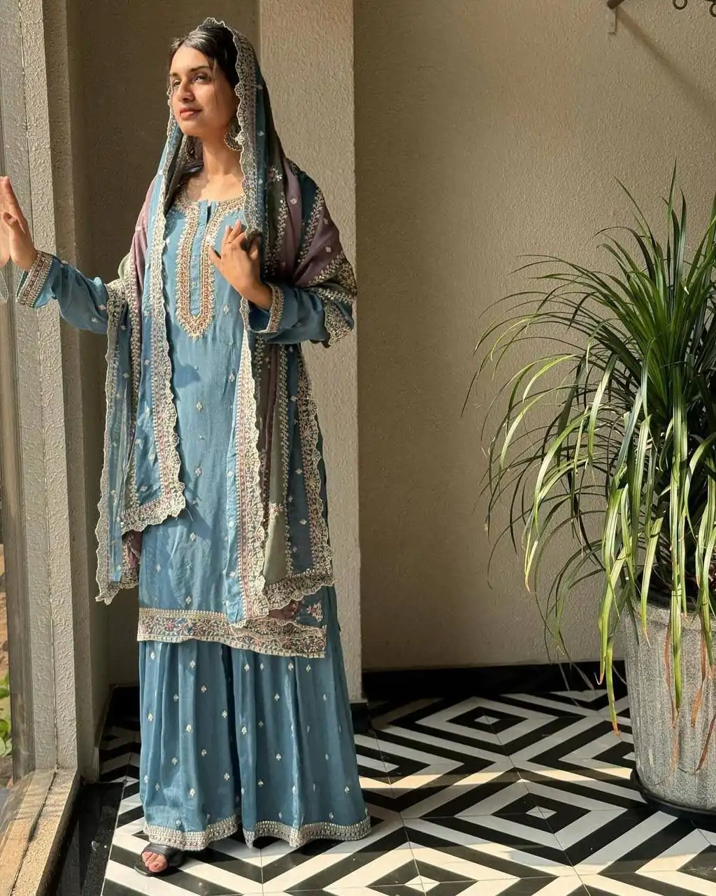 Sky Blue Georgette Sequins Work Embroidery Slawar Suit - Image 3