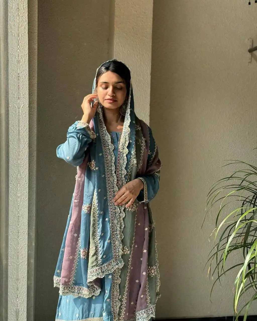 Sky Blue Georgette Sequins Work Embroidery Slawar Suit - Image 2