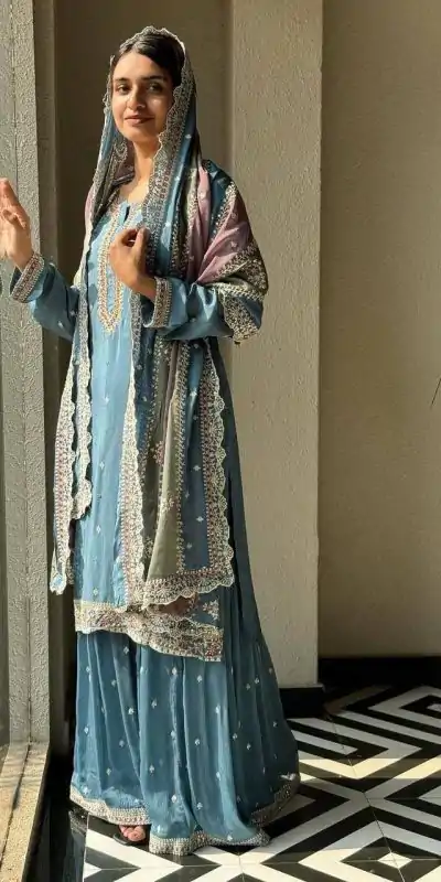 Sky Blue Georgette Sequins Work Embroidery Slawar Suit