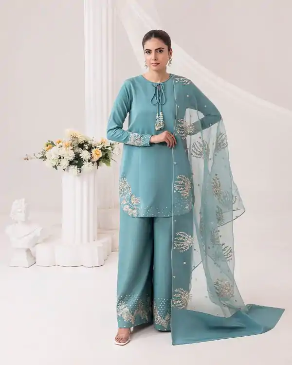 Sky Blue Natural Crep Silk Embroidery Salwar Suit