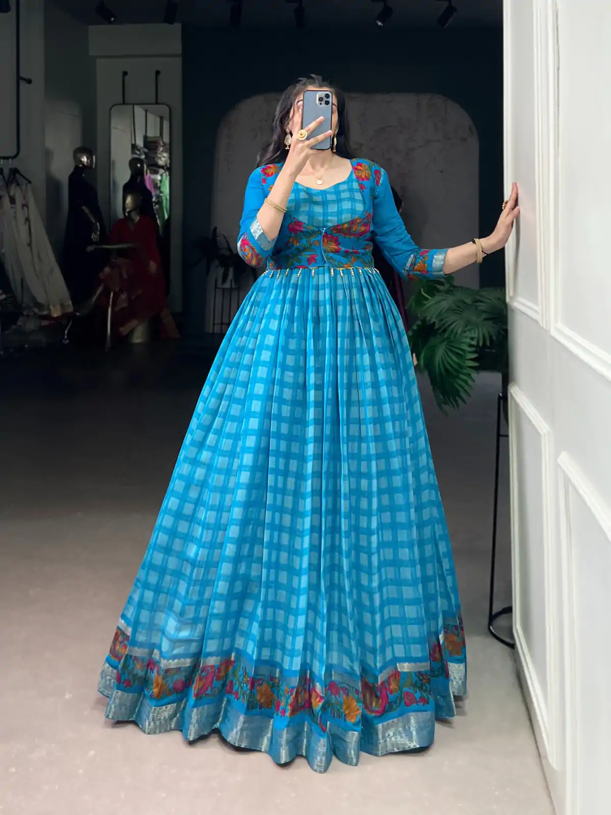 Sky Blue Polyester Viscose Chanderi Gown