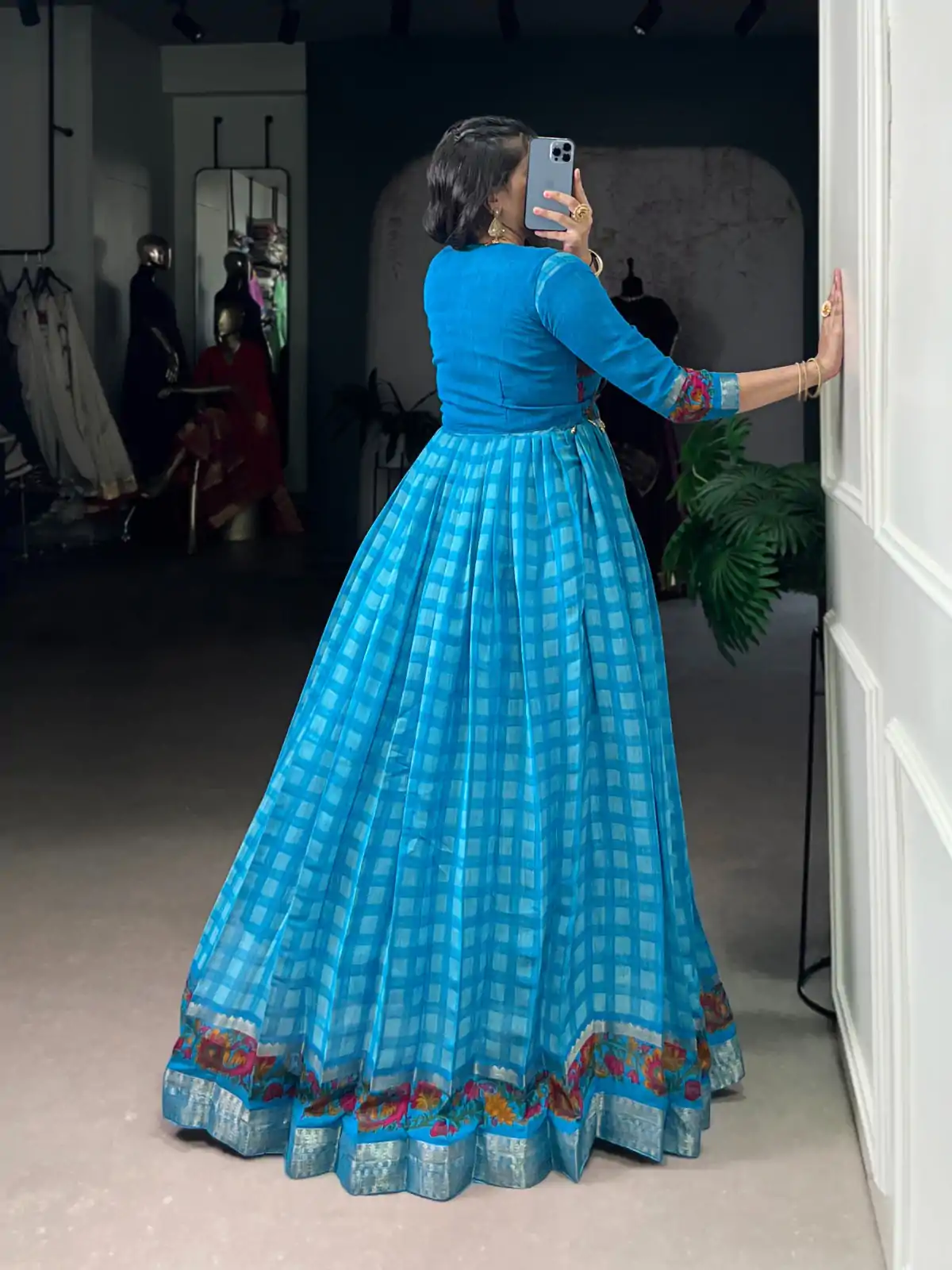 Sky Blue Polyester Viscose Chanderi Gown - Image 2