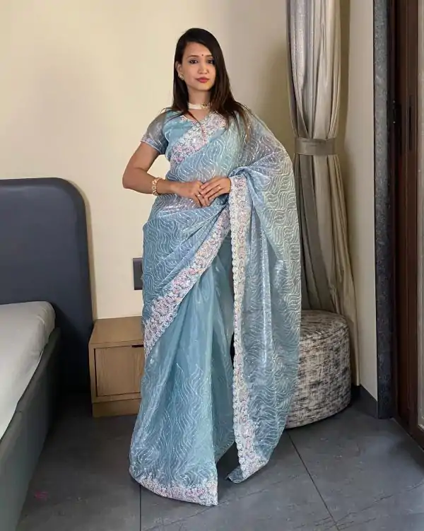 Sky Blue Premium Barbari Silk Zari Work Saree