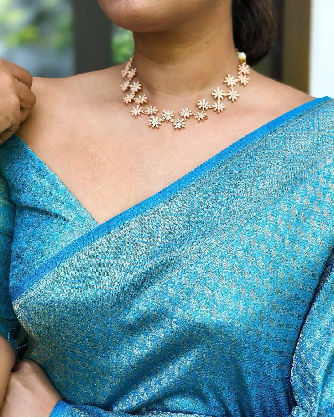 Sky Blue Soft Lichi Silk Lace Work Saree - Image 2