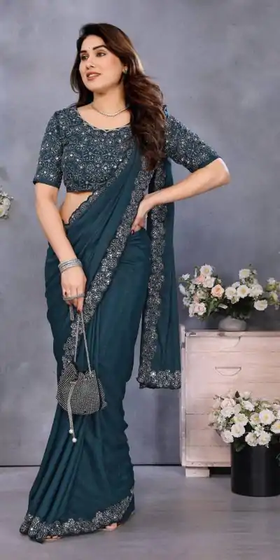BT 12 Teal Blue Soft Star Georgette Silk with Embroidery Work & Mirror Work Saree . Exclusive Offer ₹1999. Delivery 4-6 Working Days. Shop now. | Designer Sarees, Embroidered Sarees, Sarees, Bollywood Sarees, Creative Sarees, Ethnic Saree, Modern Digital sarees, Party Wear Sarees