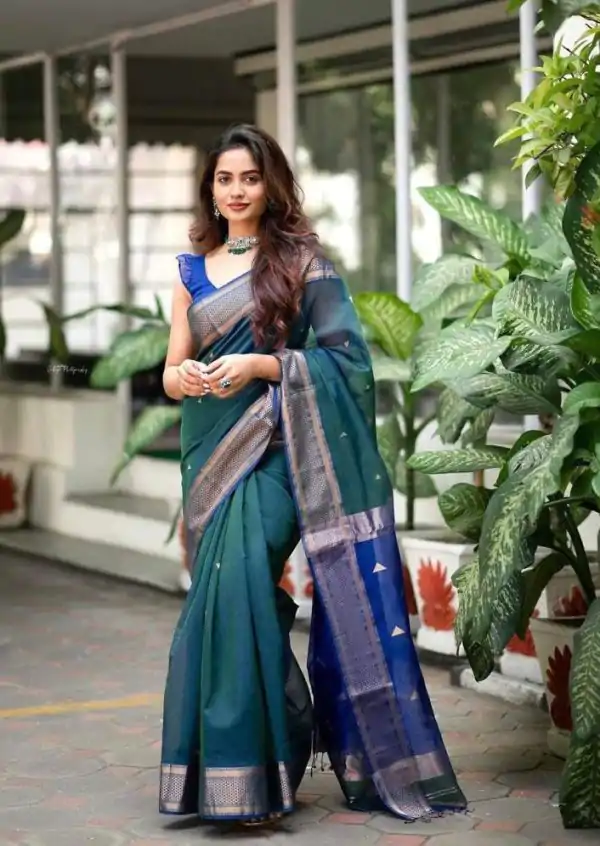 Teal Lichi Silk Jacquard Border Saree