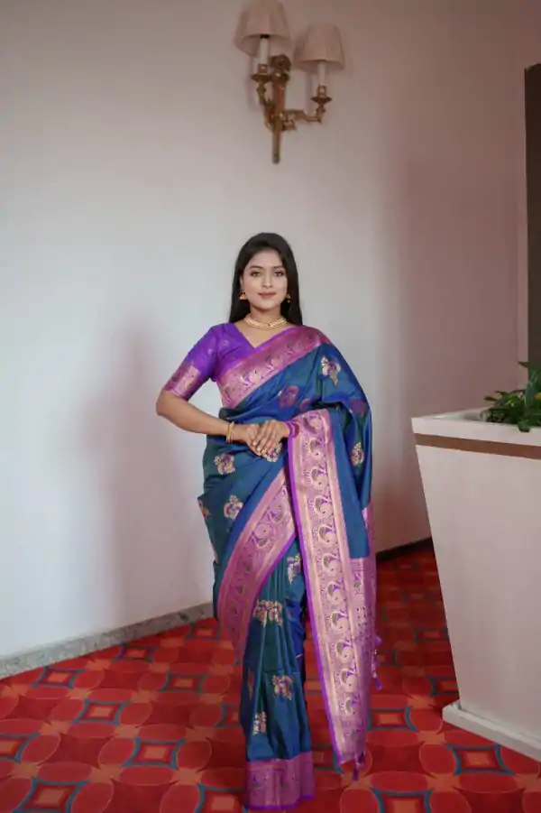 Teal Pethani Silk Zari Lace Work Saree