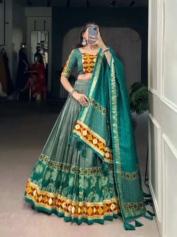 LNB 1734 Teal Tasar Silk Gamthi Work With MirrorWork Lehenga Choli Introductory Price ₹2999. Delivery 4-6 Working Days. Shop now. | Lehenga, Bollywood Lehenga, Creative Lehenga, Designer Lehenga, Embroidered Lehenga, Party Wear Lehenga
