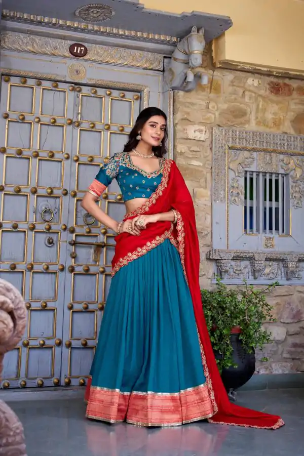 Teal Vichitra Silk Embroidery Zari Work Lehenga Choli