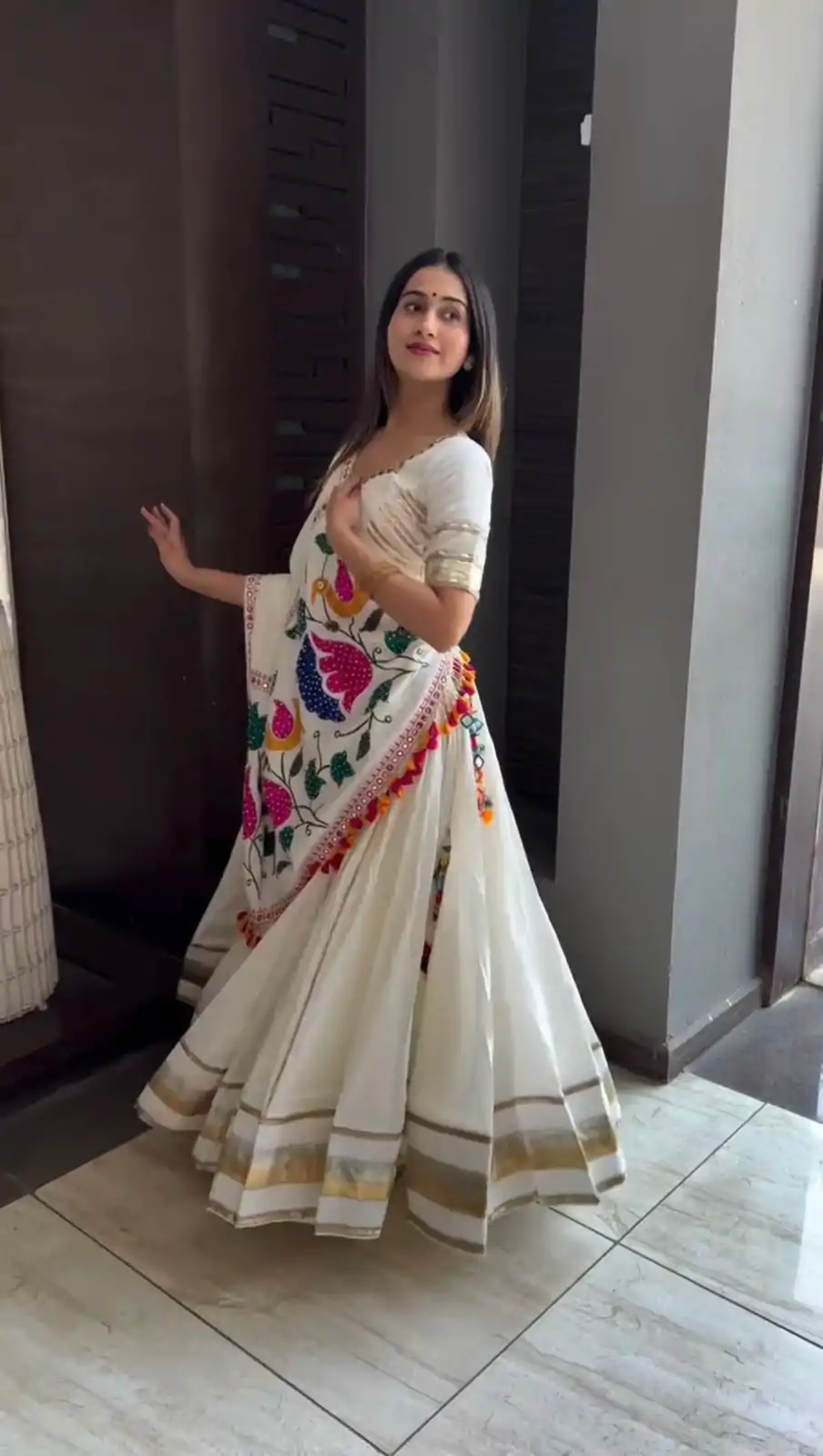 White Cotton Mirror Work Embroidery Lehenga Choli