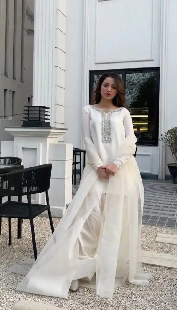 White Faux Georgette Embroidery Work Salwar Suit