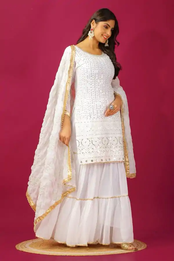 SR 1671 White Georgette Salwar Suit Perfect for Wedding, Party, Cultural Events, Temple Visit, Lohri Now at just ₹1799. Delivery 4-6 Working Days. | Casual Suits, Jump Suits, Tops & Bottoms, Track Suits, Salwar suit, Creative suits, Designer Suits, Palazzo Suits, Party Wear Suits, Patiala Suits, Straight Suits, Trendy Wear
