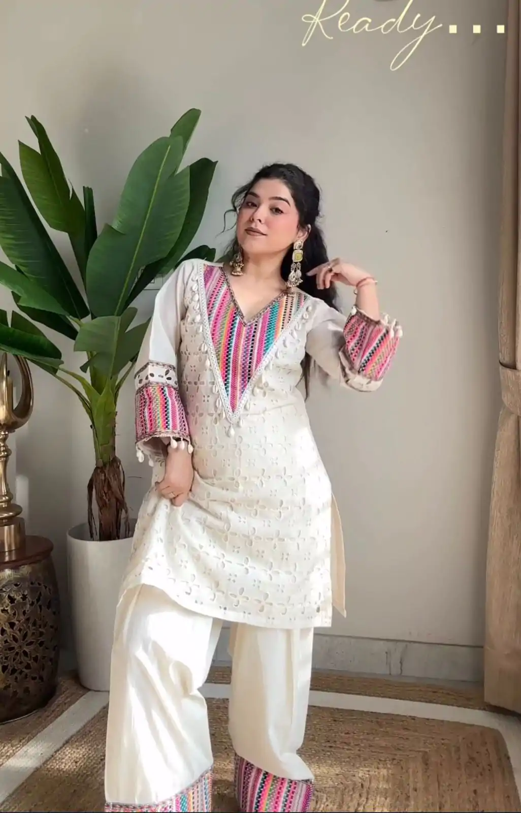 White Khadi Cotton Thread Work Salwar Suit - Image 5