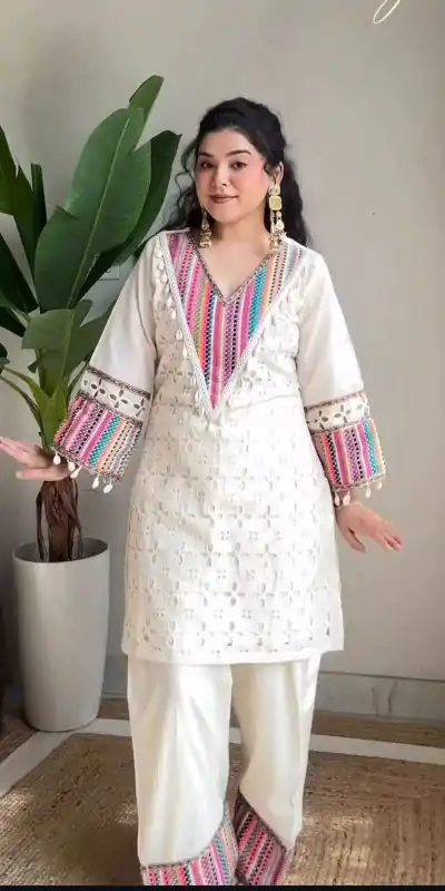 White Khadi Cotton Thread Work Salwar Suit