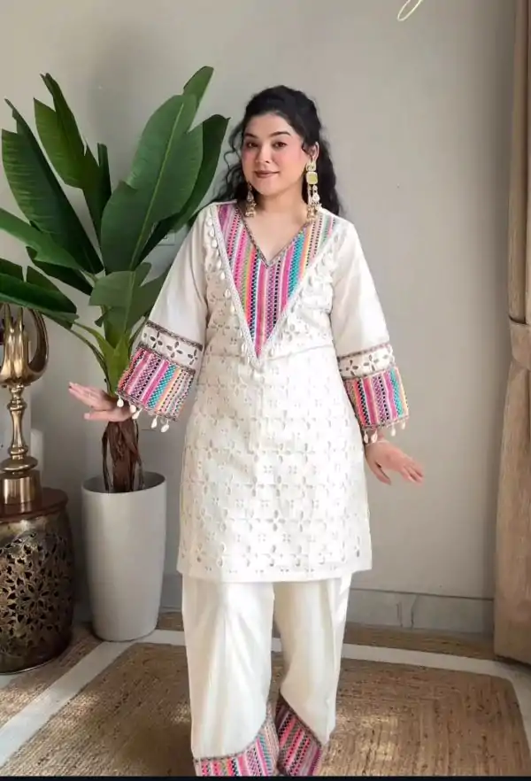 White Khadi Cotton Thread Work Salwar Suit