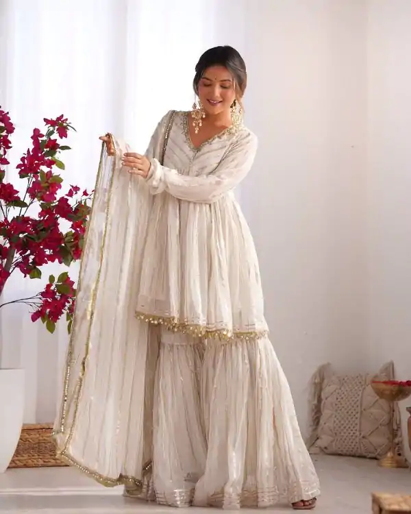 White Mal Chanderi Mirror Work Salwar Suit
