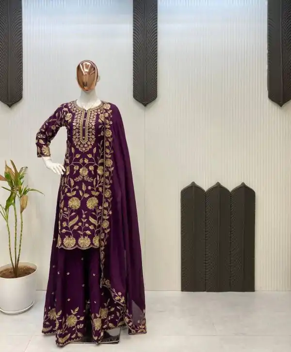 Wine Chinon With Lace Embroidery Work Salwar Suit