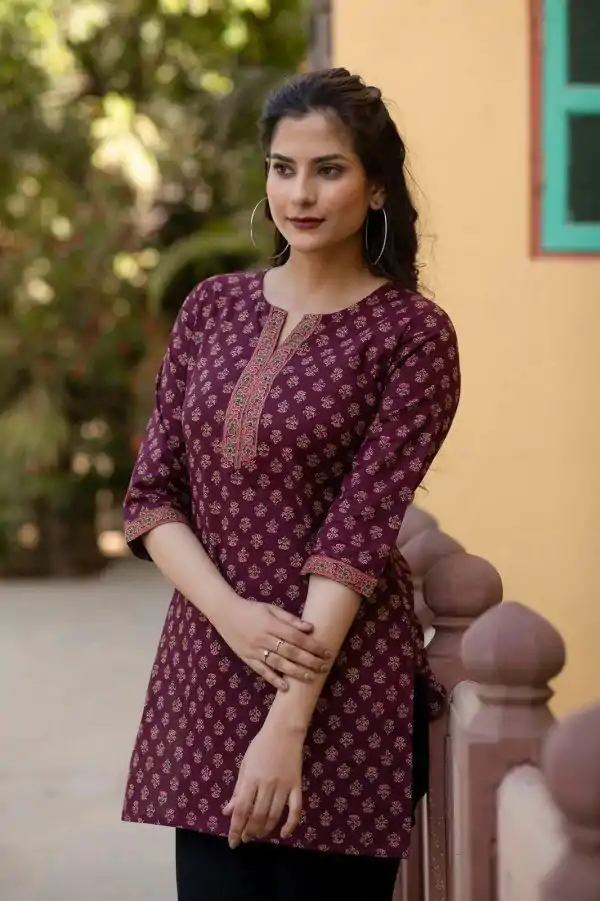 Wine Cotton Printed Kurti