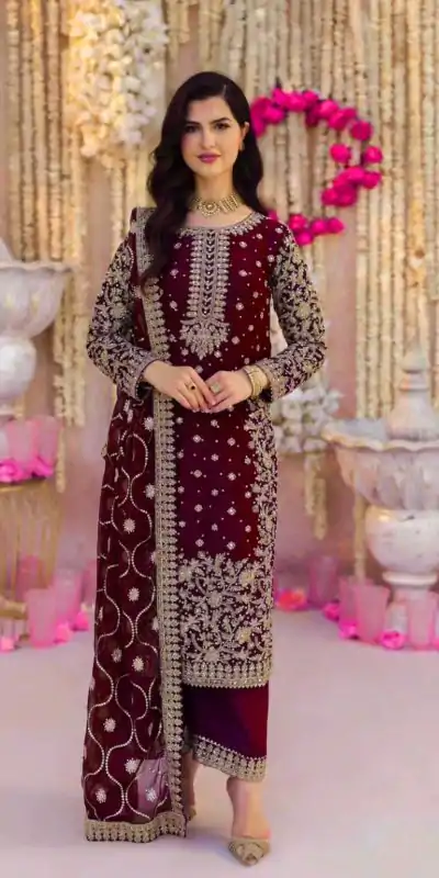 SRK 5238 Wine Faux Georgette With 5mm Embroidery Sequence Work with Beads Work Wedding, Party, Festive, Events, 4-6 Working Days At 2399 | Casual Suits, Jump Suits, Salwar suit, Creative suits, Designer Suits, Palazzo Suits, Party Wear Suits, Patiala Suits, Straight Suits