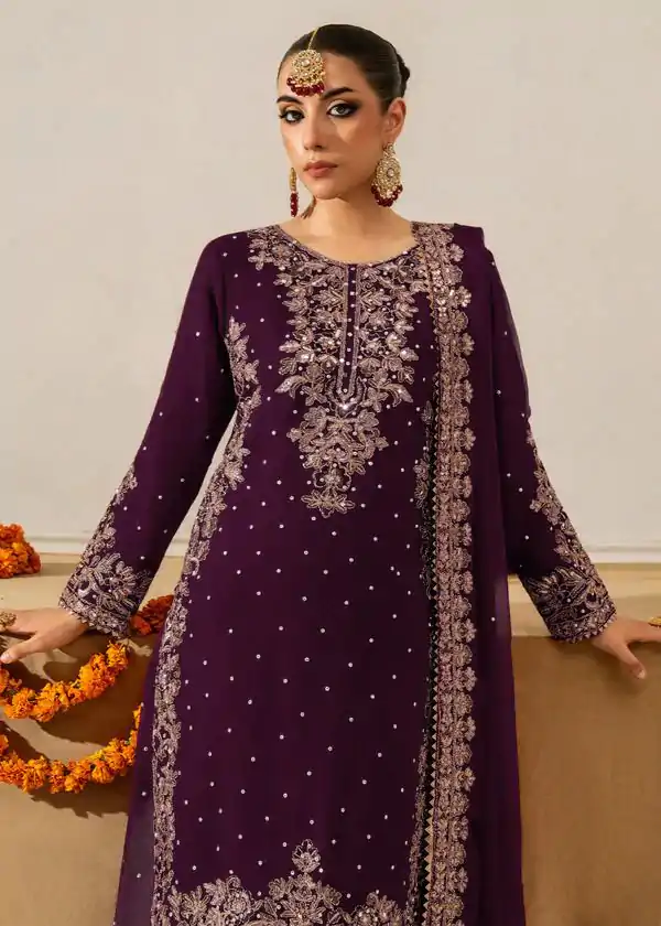 Wine Faux Georgette Lace Work Salwar Suit
