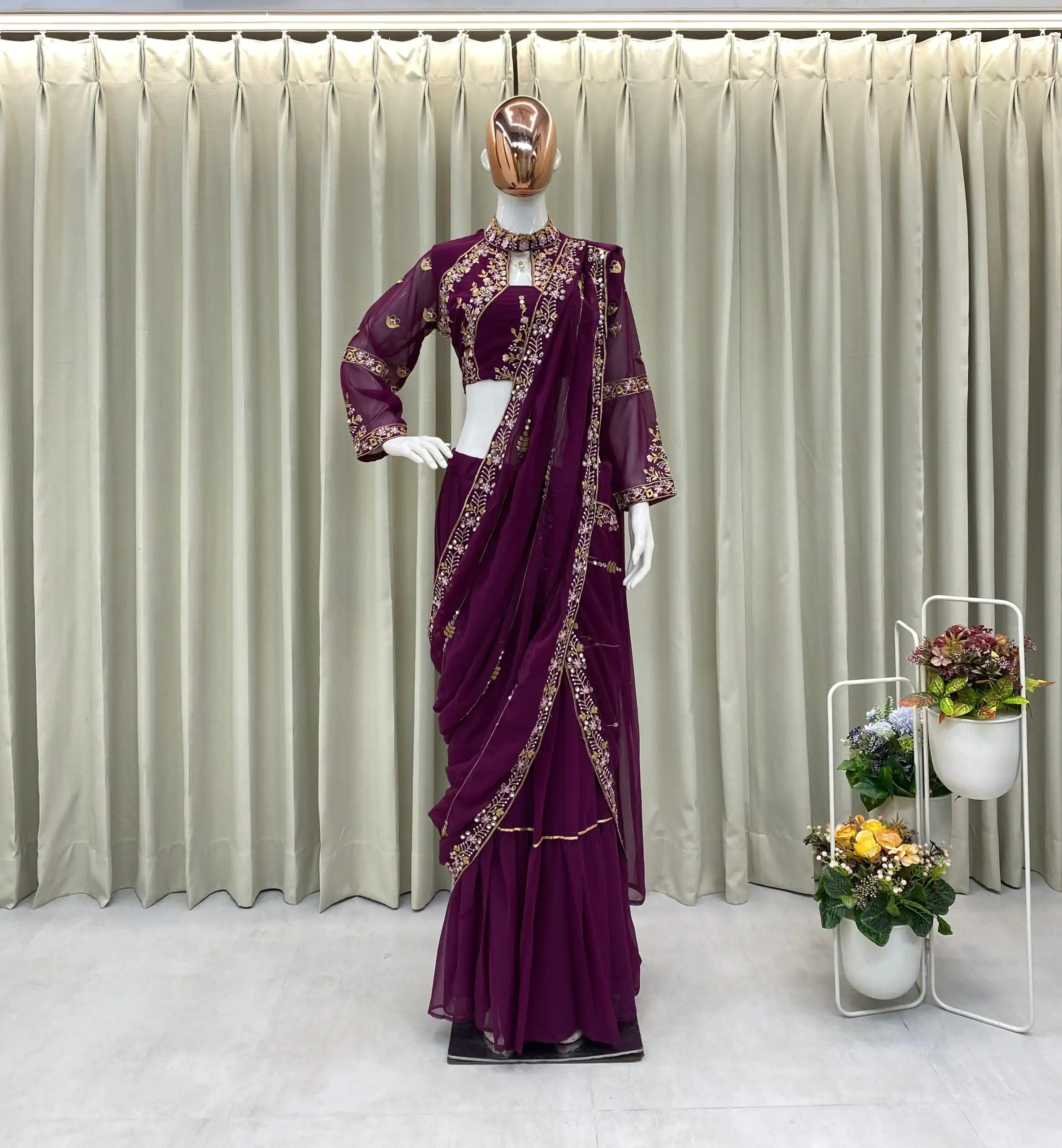 BE 280 Wine Georgette Lehenga Saree Perfect for Wedding, Party, Cultural Events, Housewarming, Ganesh Chaturthi . Affordable Price ₹2399. Delivery 4- | Lehenga, Bollywood Lehenga, Creative Lehenga, Designer Lehenga, Embroidered Lehenga, Party Wear Lehenga