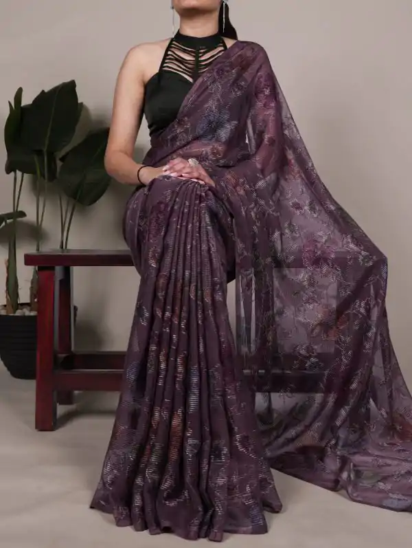 Wine Lurex Brasso Floral Saree