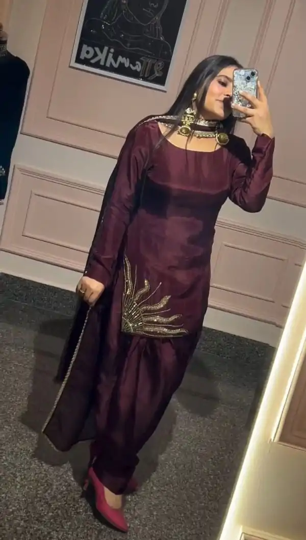 Wine Natural Crep Silk With Hand Work Salwar Suit