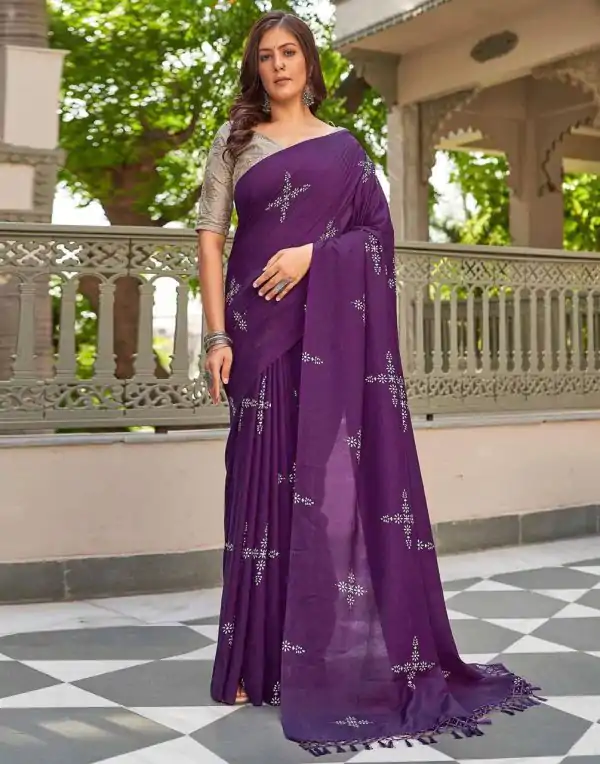 Wine Natural Silk With Thread Embroidery Saree