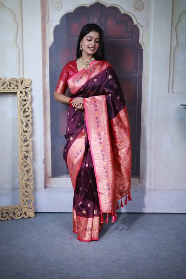 Wine Paithani Ajanta Lotus With Lace Work Saree