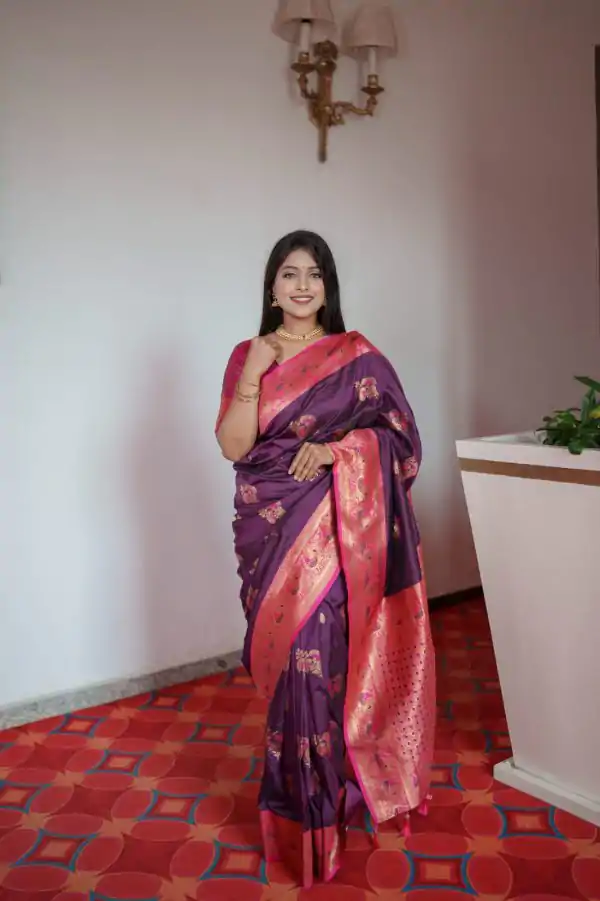 Wine Pethani Silk Zari Lace Work Saree