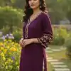 Wine Rayon Embroidery Work Kurti