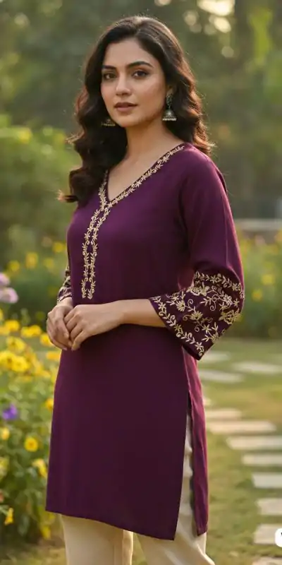 Wine Rayon Embroidery Work Kurti