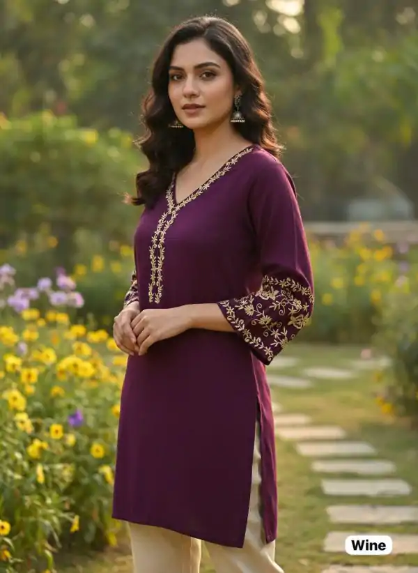 Wine Rayon Embroidery Work Kurti