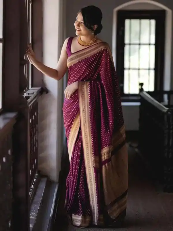 Wine Soft Lichi Silk Jacquard Border Saree