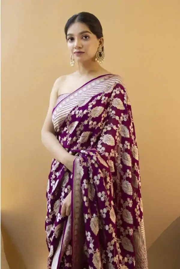 Wine Soft Lichi Silk Jacquard Zahlar Saree