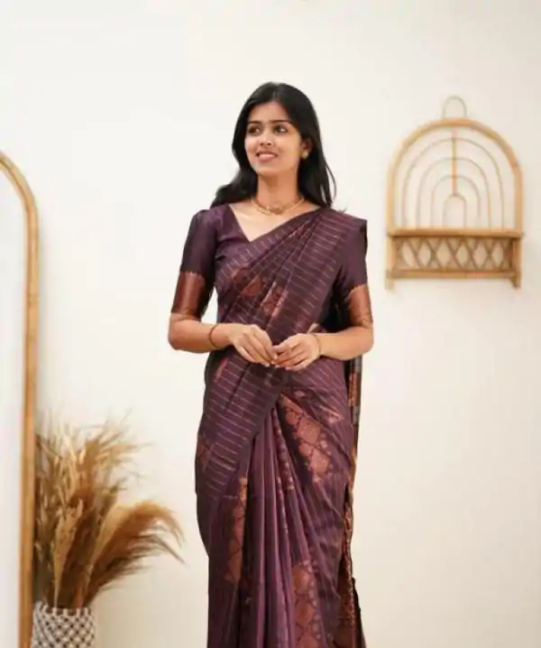 Wine Soft Lichi Silk With Lace Work Saree