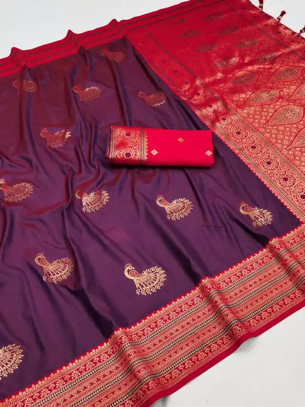 Wine Soft Silk Zari Lace Work Saree